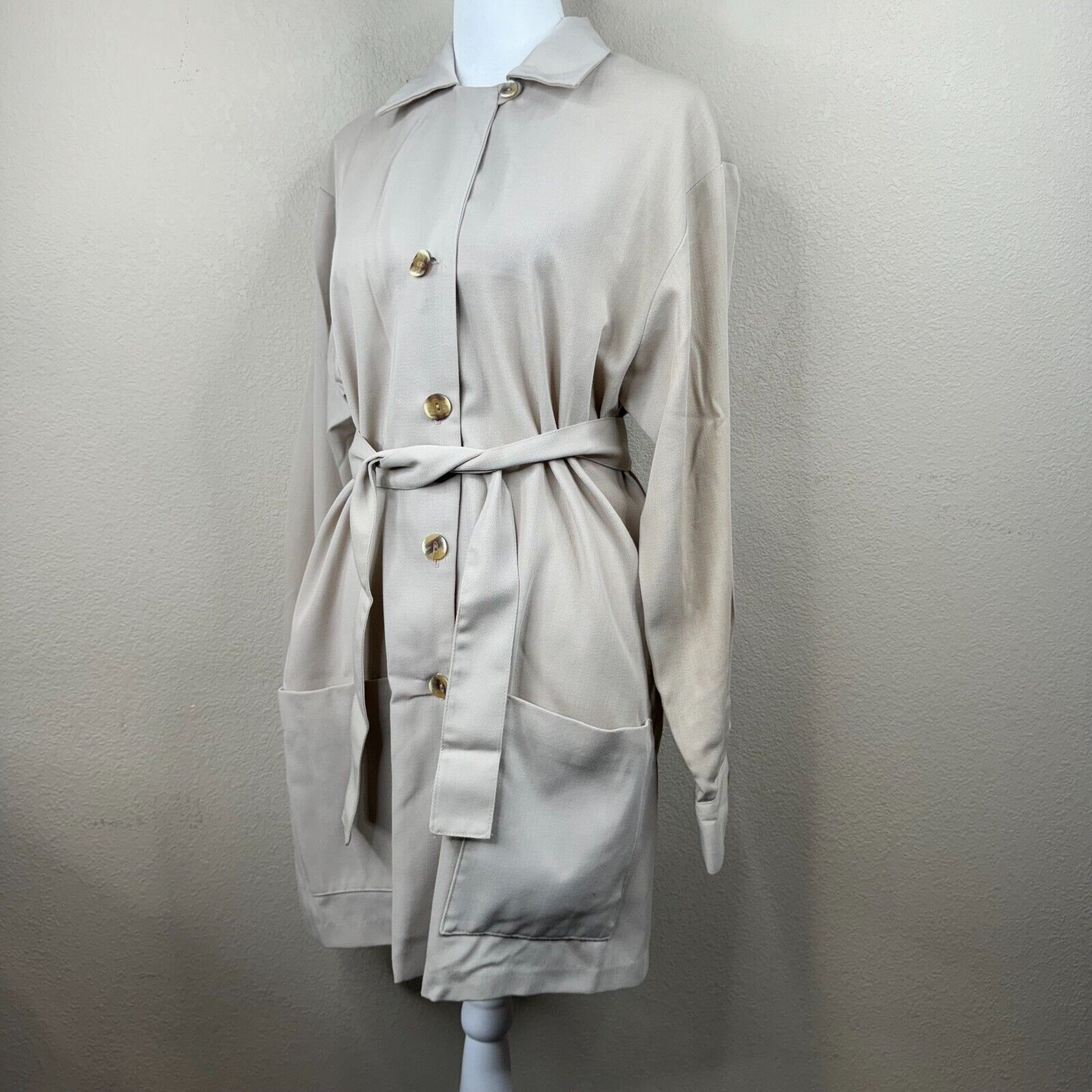 Ego Women's Button Front Trench Coat Tie Waist Long Sleeve Gray
